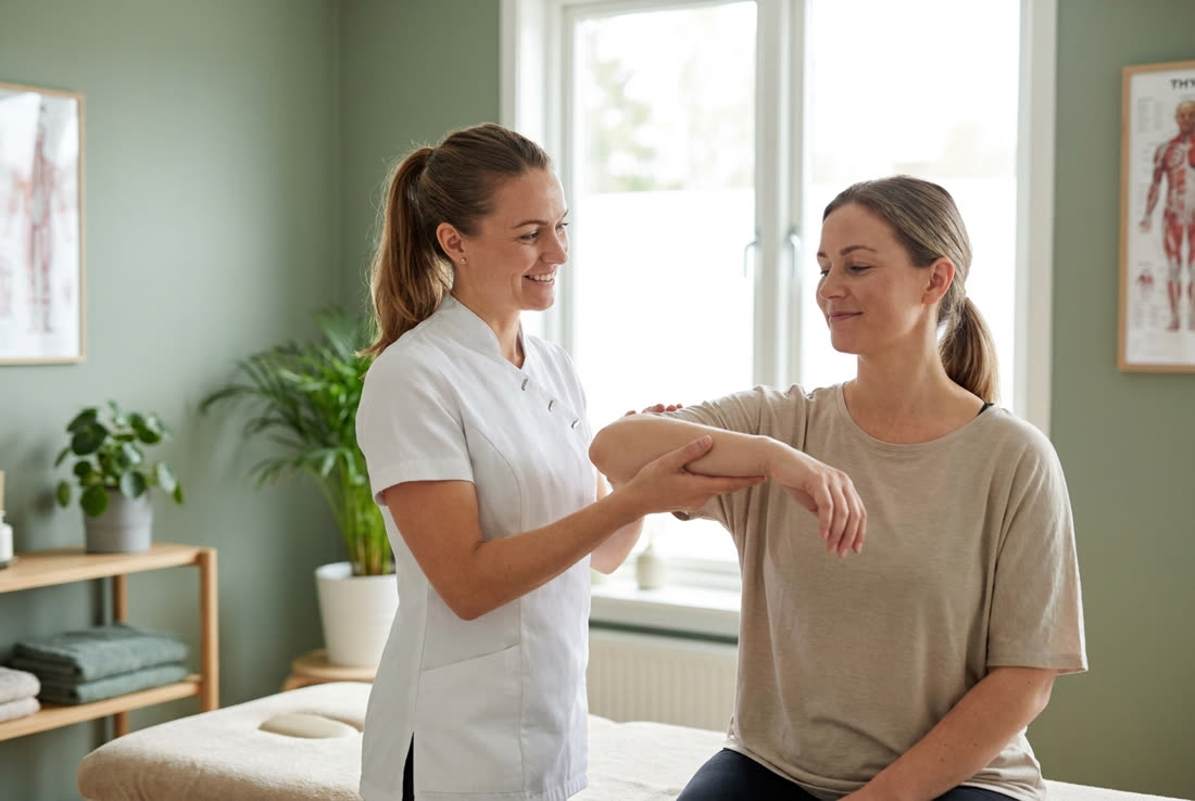 Physiotherapeutin behandelt die Schulter einer Patientin